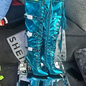 Blue Chrome thigh high boots